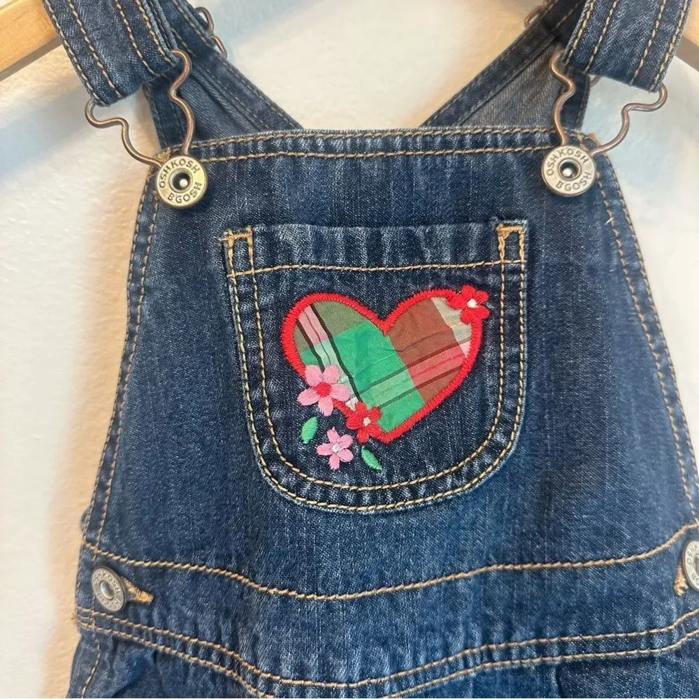 OshKosh B'gosh Dark Blue Denim Overall Dress with Multicolor Heart Patch